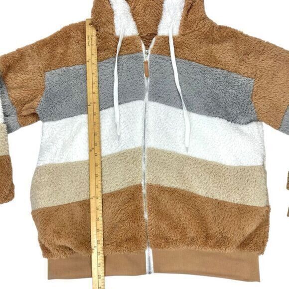 Womens XL Brown/Tan/Gray Stripe Colorblock Zip Front Cuddly Fuzzy Hooded Jacket - Picture 9 of 14